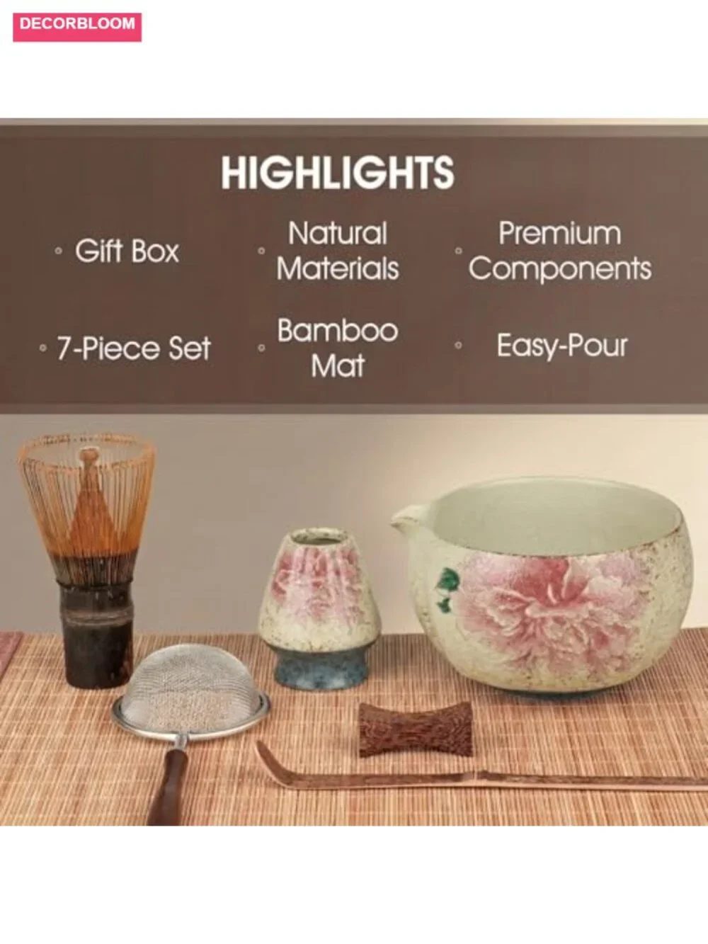7-Piece Matcha Set with 100-Prong Bamboo Whisk and Bowl
